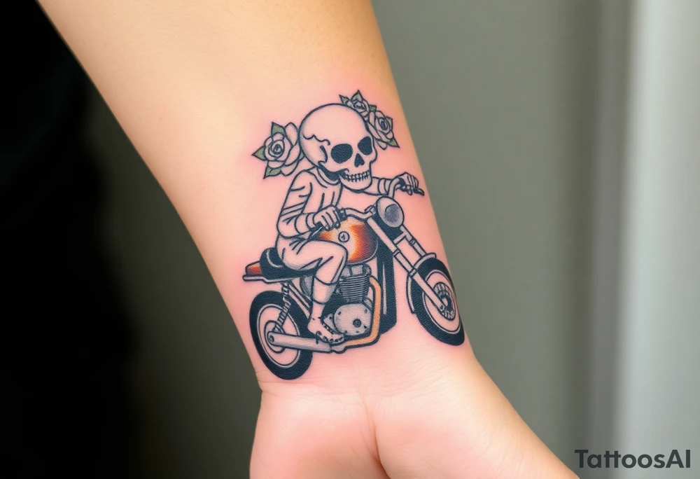 create an decorated "day of the dead skull" with roses who is riding a Triumph motorcycle tattoo idea