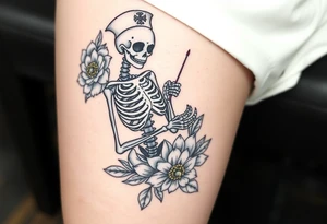 Pretty Nurse skeleton holding a needle with peonies and honey combs background tattoo idea