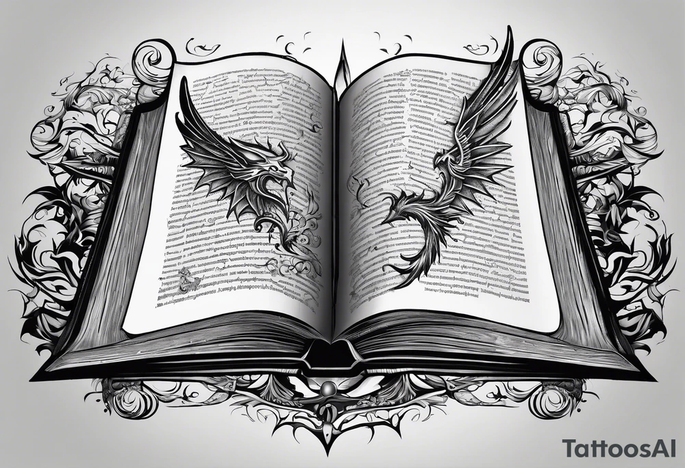 an empty open book with a sword through it, dragonwings and sparks surrounding the book. small design tattoo idea