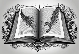 an empty open book with a sword through it, dragonwings and sparks surrounding the book. small design tattoo idea