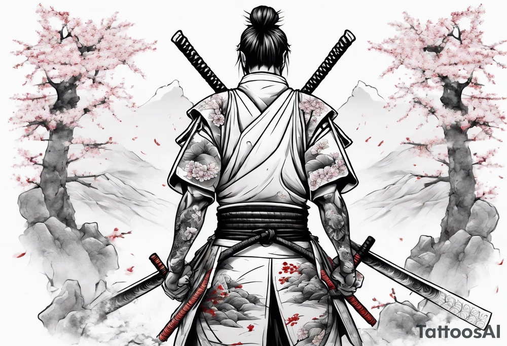 A samurai standing with his back among the swords, he has a hole in his back and from where the blood was seen in the sakura leaves and samurai swords stuck into the ground tattoo idea