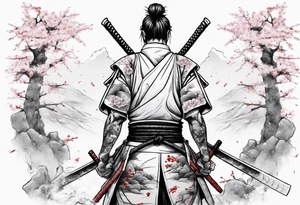 A samurai standing with his back among the swords, he has a hole in his back and from where the blood was seen in the sakura leaves and samurai swords stuck into the ground tattoo idea