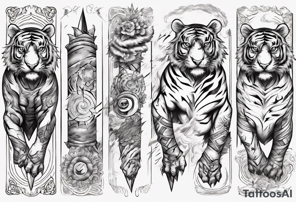 Ancient tiger with lightning and a sun for a forearm sleeve. With patterns surrounding it tattoo idea