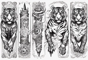 Ancient tiger with lightning and a sun for a forearm sleeve. With patterns surrounding it tattoo idea