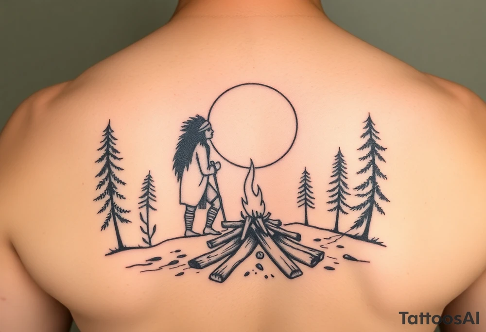 Native americans by campfire silhouette in moonlight in nature tattoo idea