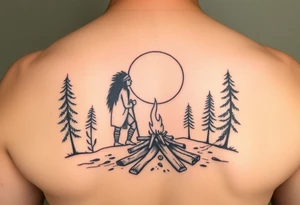 Native americans by campfire silhouette in moonlight in nature tattoo idea