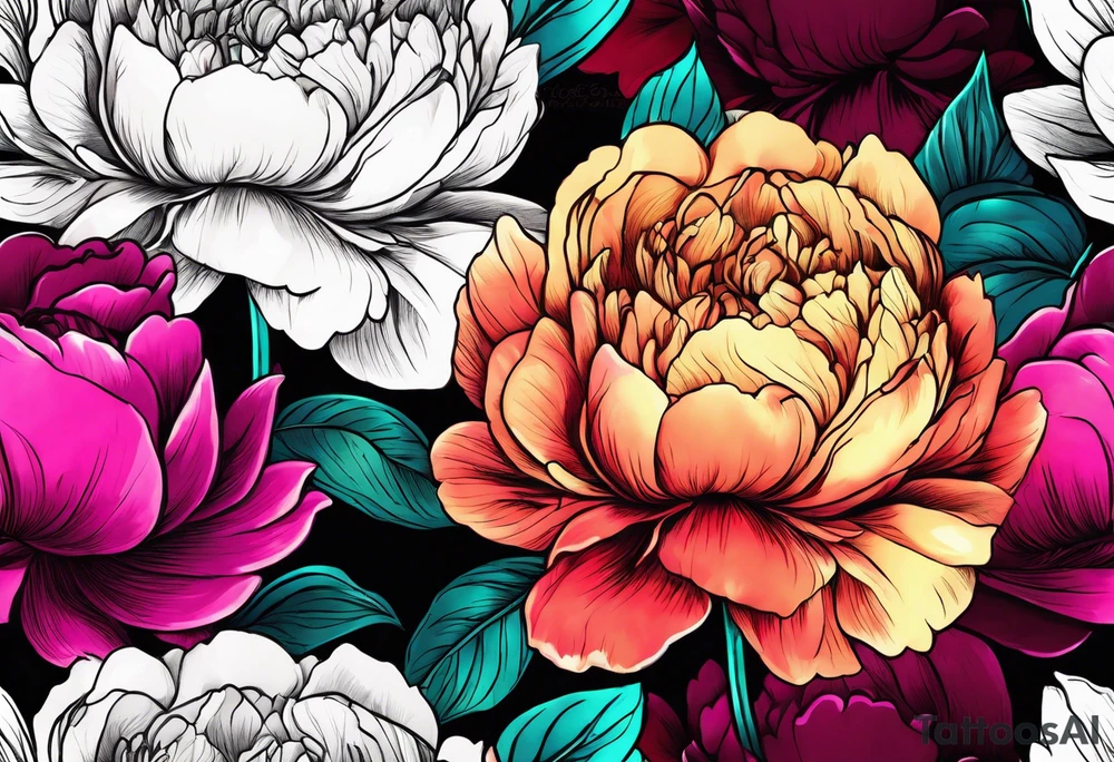 beautiful. colorful, neon, multicolored peony, white background, highly detailed, new school, new school style, street style, streetwear, urban wear tattoo idea