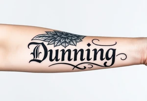 Last name Dunning, in Roman bold font in middle of forearm with background including leaves,angel wing going near elbow,tribal pattern. tattoo idea