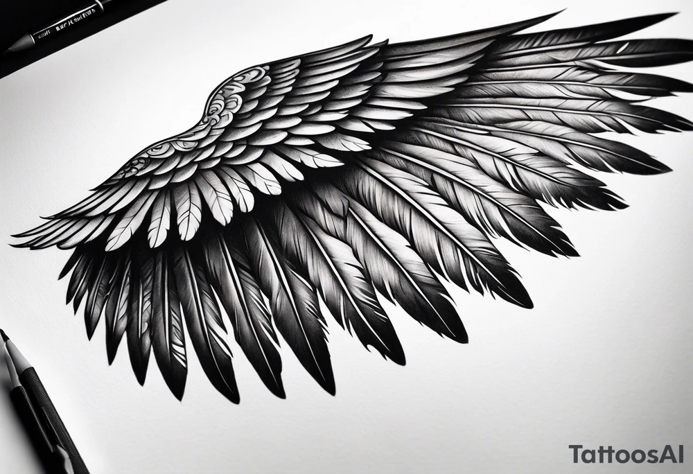 Dark feathered angel wing that encompasses left side of back aswell as top half of left arm and shoulder tattoo idea