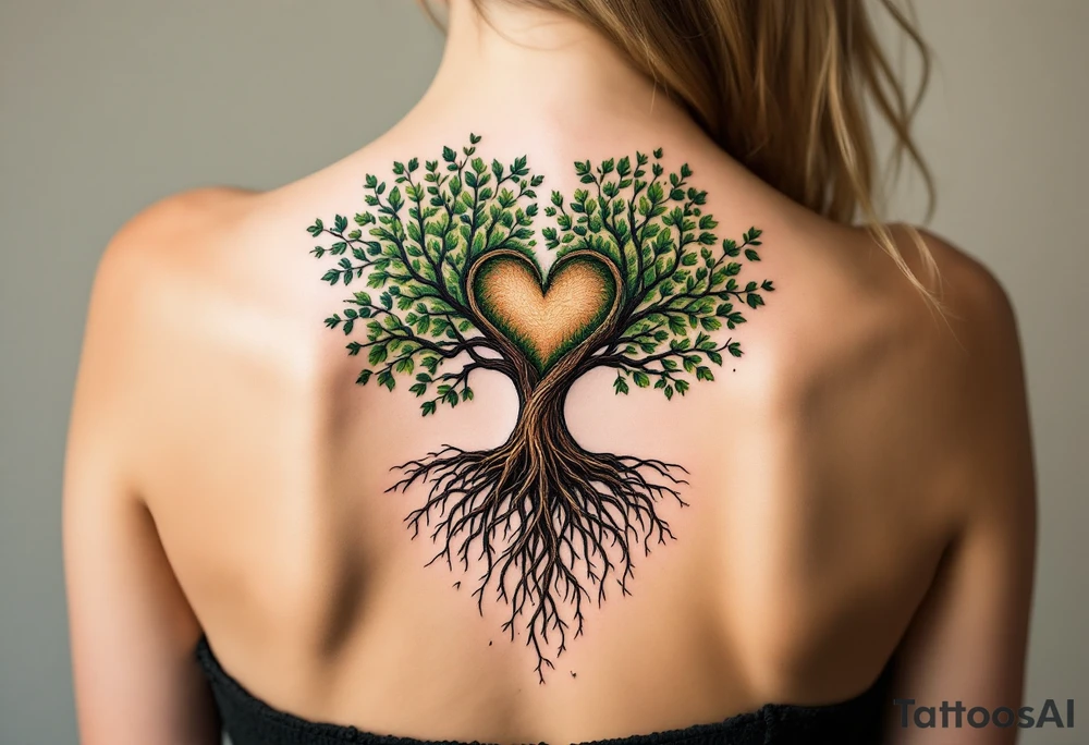 A tree of life in earthy greens and browns with roots shaped like one big heart honors the grounding strength of motherhood. tattoo idea