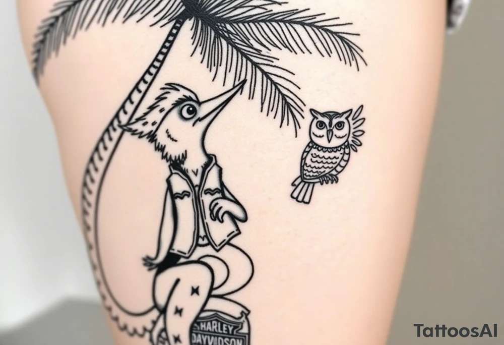 Woody the woodpecker wearing a leather vest that says peckerwoods, on a Harley Davidson under a palm tree, gazing in love at a barn owl tattoo idea