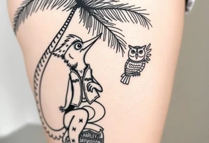 Woody the woodpecker wearing a leather vest that says peckerwoods, on a Harley Davidson under a palm tree, gazing in love at a barn owl tattoo idea