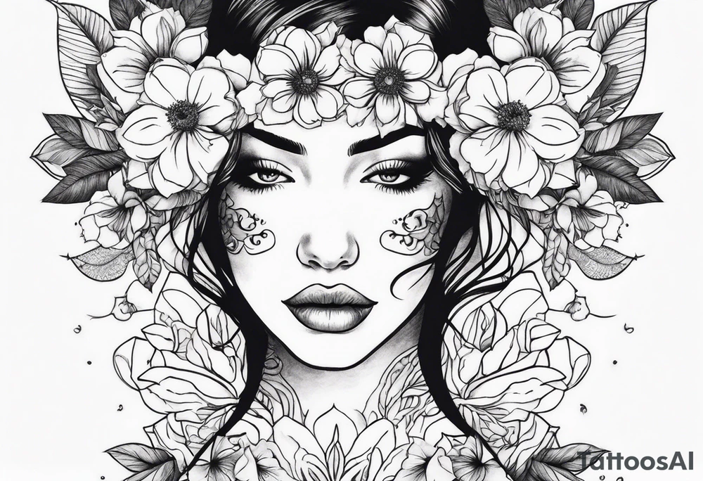 Powerful women’s face with flowers around tattoo idea