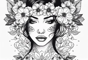 Powerful women’s face with flowers around tattoo idea