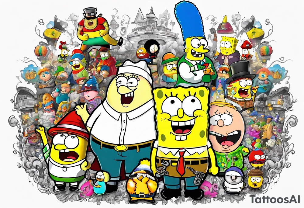 Black and white cartoon of SpongeBob SquarePants and the South Park characters tattoo idea