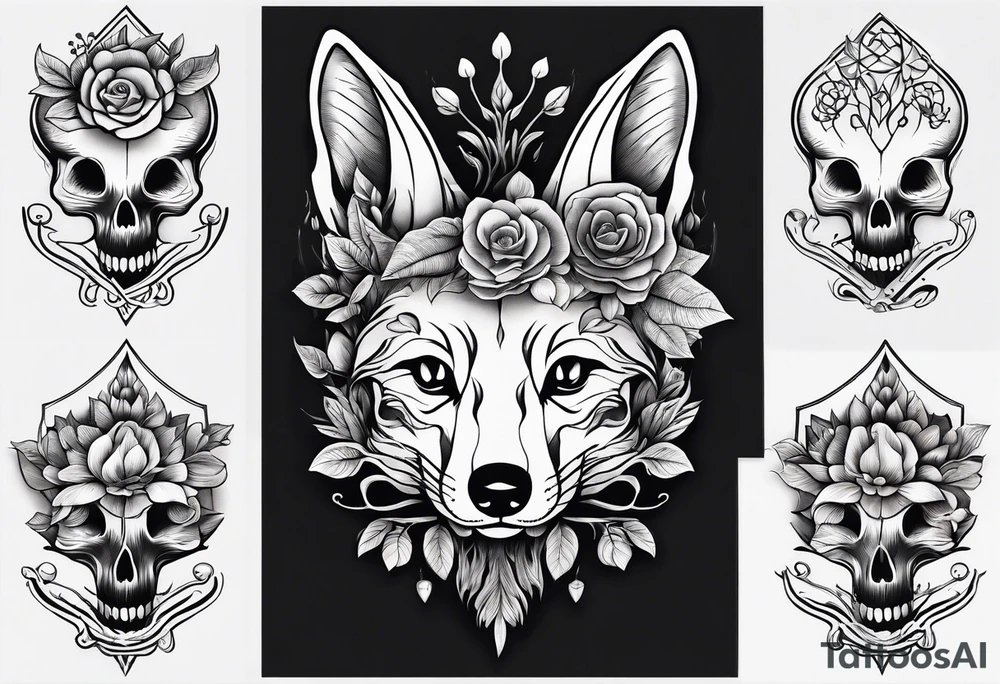 Dear fox skeleton with mushrooms growing out of it, simplistic tattoo idea
