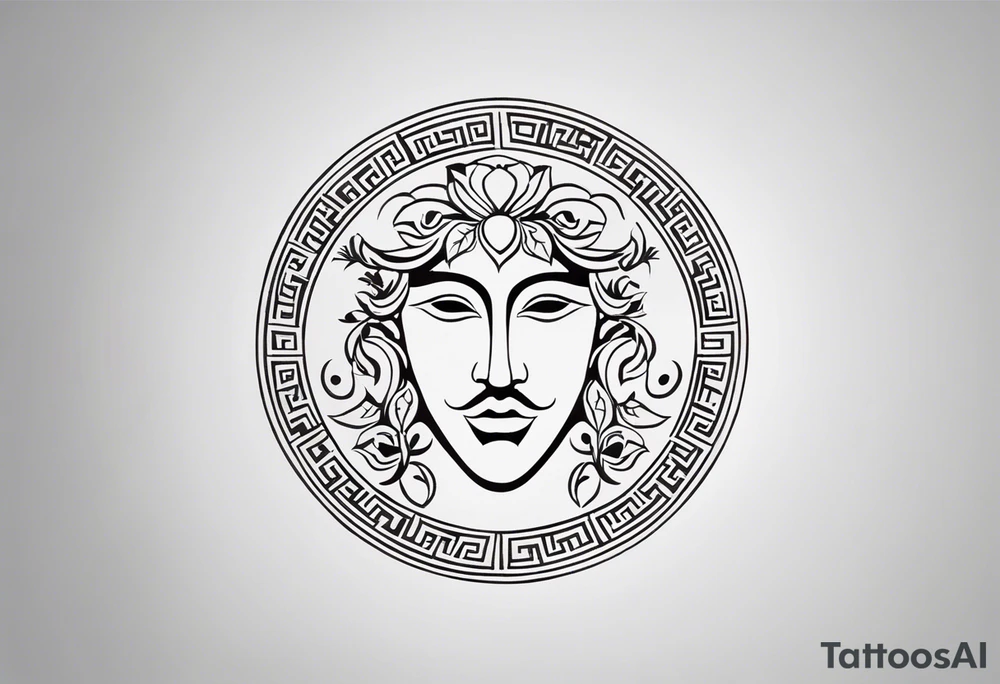 "Design a minimalist round tattoo inspired by ancient Greek art, centered around Dionysus and his love for theater. Create a circular composition with Dionysus depicted in the center, holding a theatrical mask and a goblet of wine. Surround him with simple yet symbolic elements such as grapevines, ivy leaves, or geometric patterns reminiscent of ancient Greek pottery. Ensure the design maintains a minimalist style, with clean lines and limited detail, while capturing the essence of Dionysus's affinity for both wine and theater within the circular frame." tattoo idea