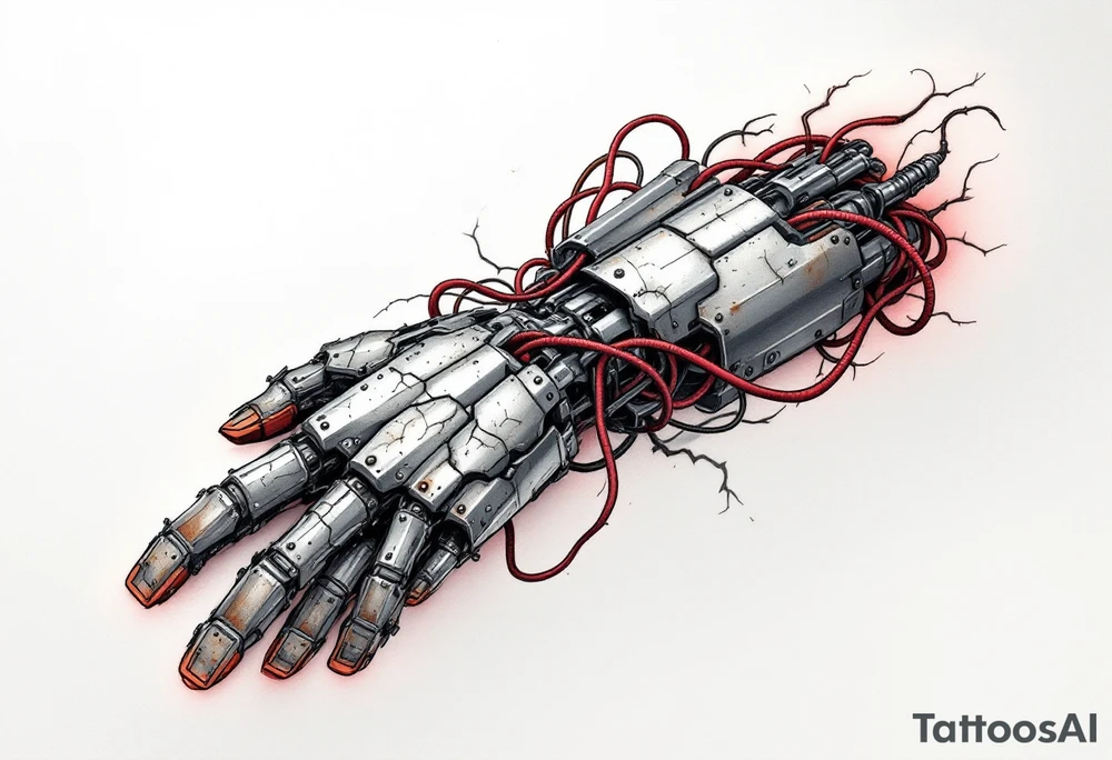 A biomech arm built from rusted iron plates and crimson wires, emerging from beneath cracked human skin. tattoo idea