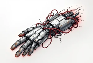 A biomech arm built from rusted iron plates and crimson wires, emerging from beneath cracked human skin. tattoo idea