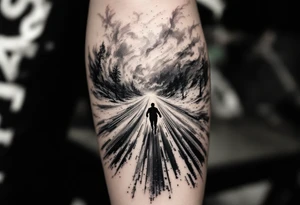 Skating Into the Storm
Tattoo of a player skating straight ahead into swirling snow and wind. Long trailing shadows, uniform in solid gray and matte red. tattoo idea
