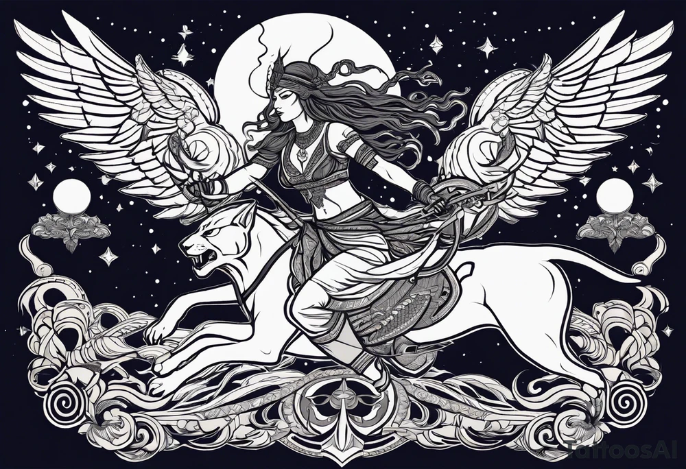 black kali, goddess pirate, alien, angel, pachamama, valkrye, warrior, flying, skull, lotus azul, wing, eagle, zenza resonance, stars, 5D, anahata chakra, death, durga, riding on a tiger, flying lady tattoo idea