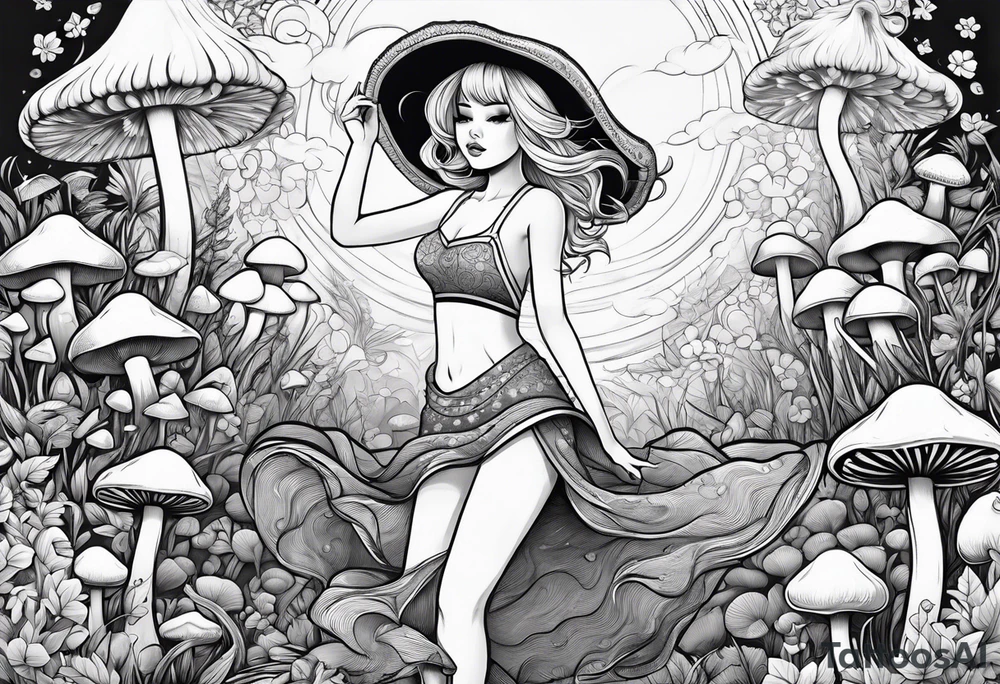 Blonde chubby Girl dancing in field of mushrooms tattoo idea