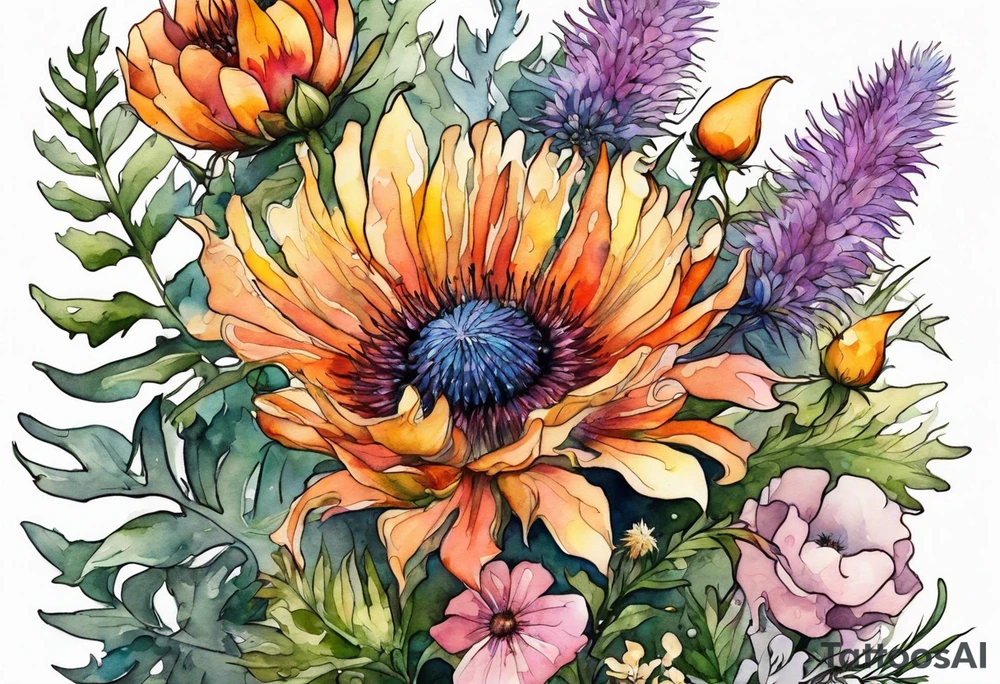mixed wildflower cascading with thistles, ferns, burnt orange flower, white flowers, pink flowers, and yellow flowers all in watercolor tattoo idea