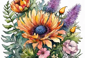 mixed wildflower cascading with thistles, ferns, burnt orange flower, white flowers, pink flowers, and yellow flowers all in watercolor tattoo idea