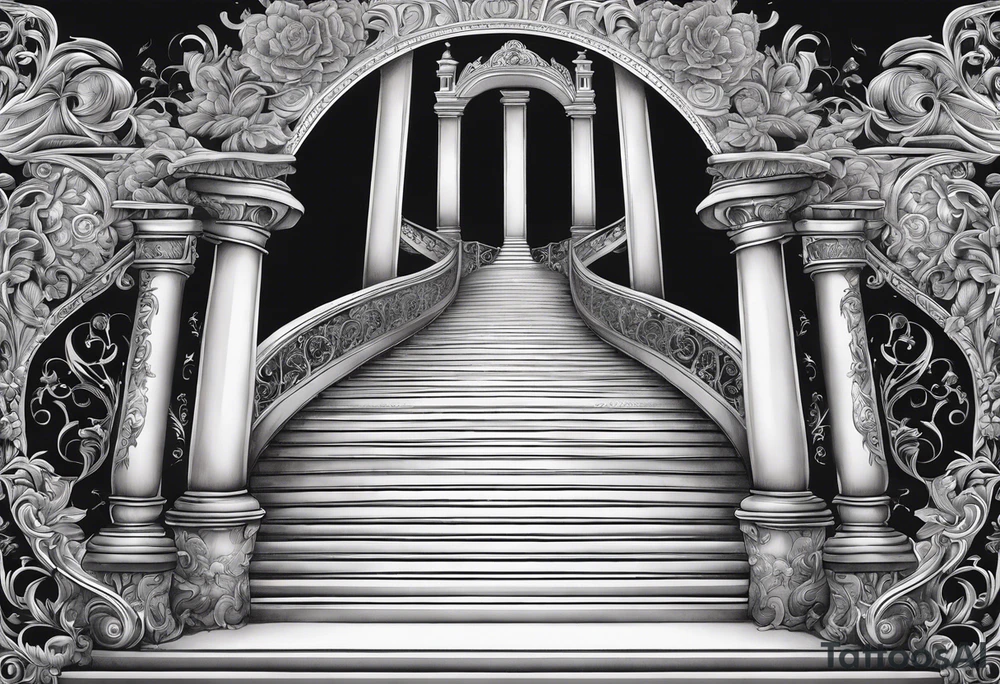 Staircase that goes up to heaven and ends at the gates of heaven. at the end there is a bright light tattoo idea