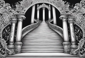 Staircase that goes up to heaven and ends at the gates of heaven. at the end there is a bright light tattoo idea