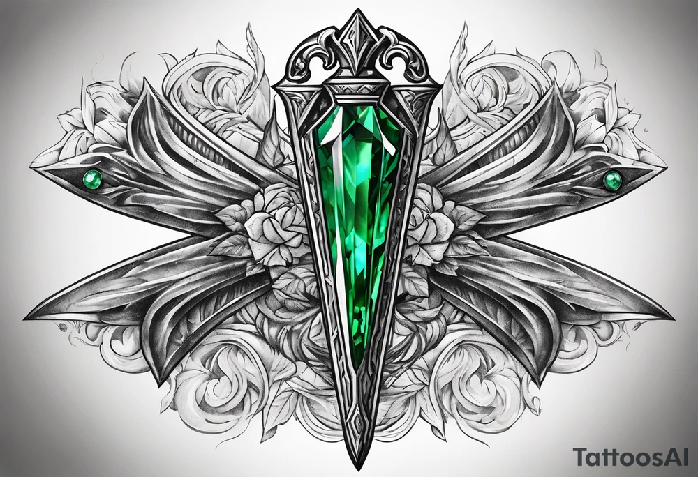 An athame dagger with the hilt turned upward and emerald gemstones on the hilt tattoo idea