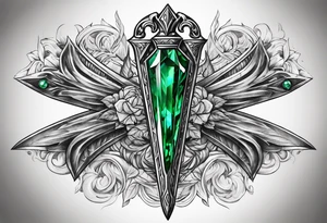 An athame dagger with the hilt turned upward and emerald gemstones on the hilt tattoo idea