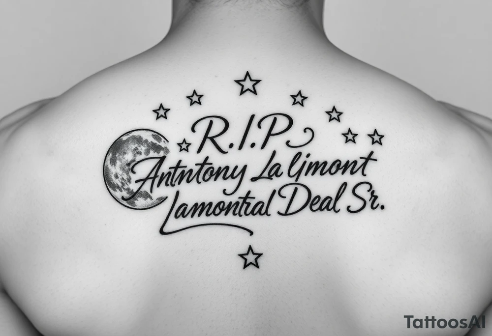 Manly handwriting R.I.P. 
Anthony Lamont Deal Sr surrounded by moons and stars tattoo idea
