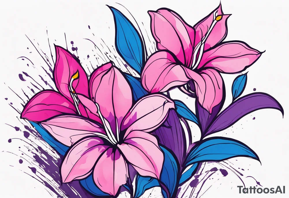 brushstroke abstract pink, purple, and blue mandevilla flowers on a vine, with color leaking out into the background. SOme of the flowers should be full color, and some just linework. It should have a handdrawn, sketch feel. tattoo idea