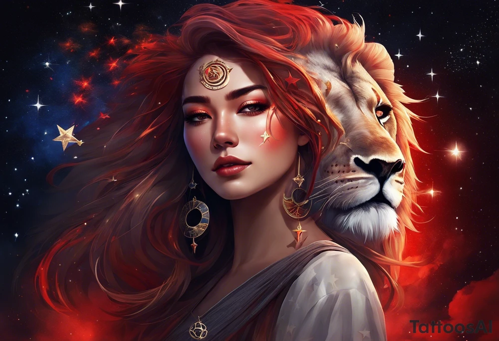 women turning to her side with a small leo zodiac symbol on her forehead, lion scratch scar on her eye and stars, moon and sun floating behind her head. however at the bottom  have her blend away like a smoke effect, you can use Stars or clouds to help fill in space. Also create a somewhat Smokey thin red line wrapping going from the back of the neck to the pinky and overlapping the woman tattoo as well. tattoo idea