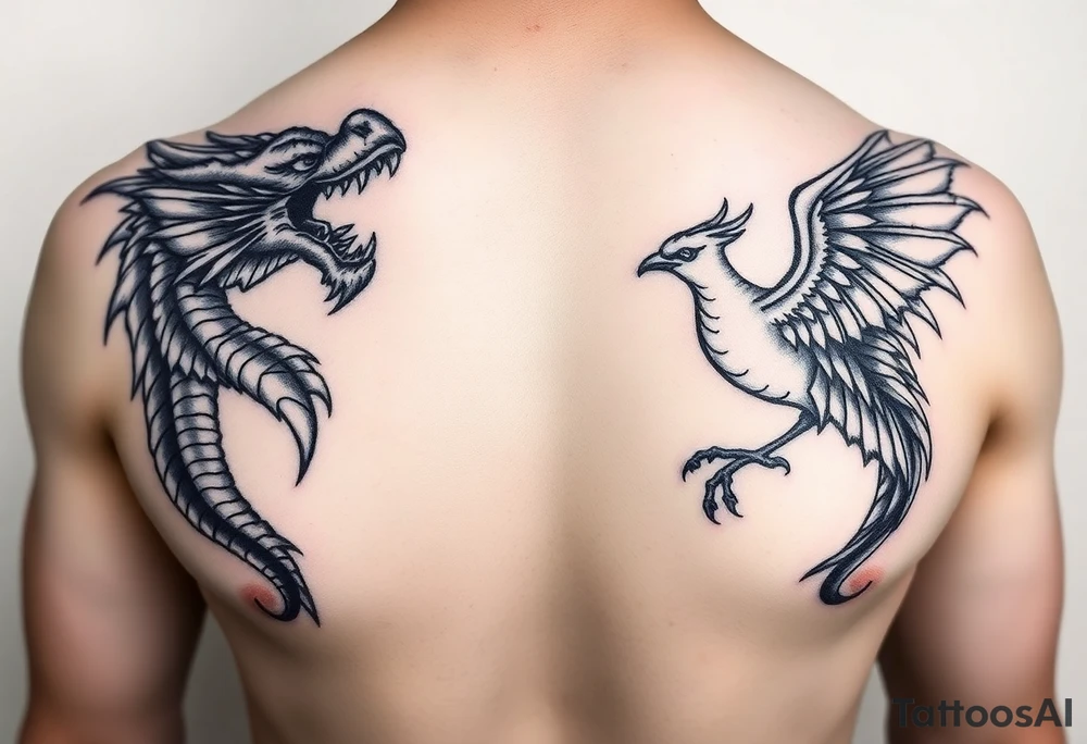 Dragons head at the top left of the chest with a phoenix below to the right, facing each other tattoo idea
