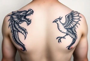 Dragons head at the top left of the chest with a phoenix below to the right, facing each other tattoo idea