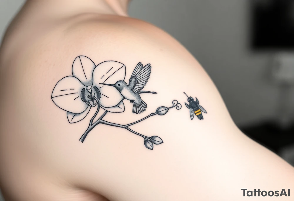 A delicate, black and white fine-line tattoo for male, featuring gracefully detailed 2 orchids in full bloom including their stems, with soft, intricate petals and elegant curves. Beside it, a hummingbird hovers mid-flight, its wings drawn with subtle motion lines, its slender beak reaching toward the orchid’s center to drink its nectar. on the other flower there is a bee that is resting tattoo idea