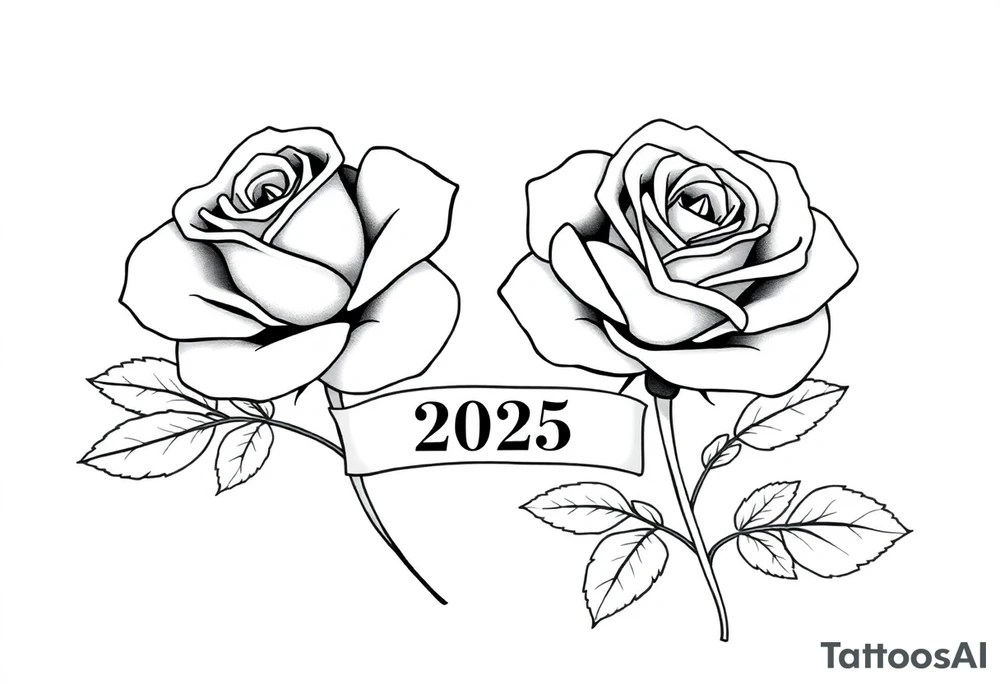 two beautiful large rose buds, one larger than the other, with many leaves next to the rose buds, with one sitting slightly higher than the other, side-by-side.  Include a banner connecting the two roses with the year 2025 on it.   Use dark outlines with little shading. No stems tattoo idea