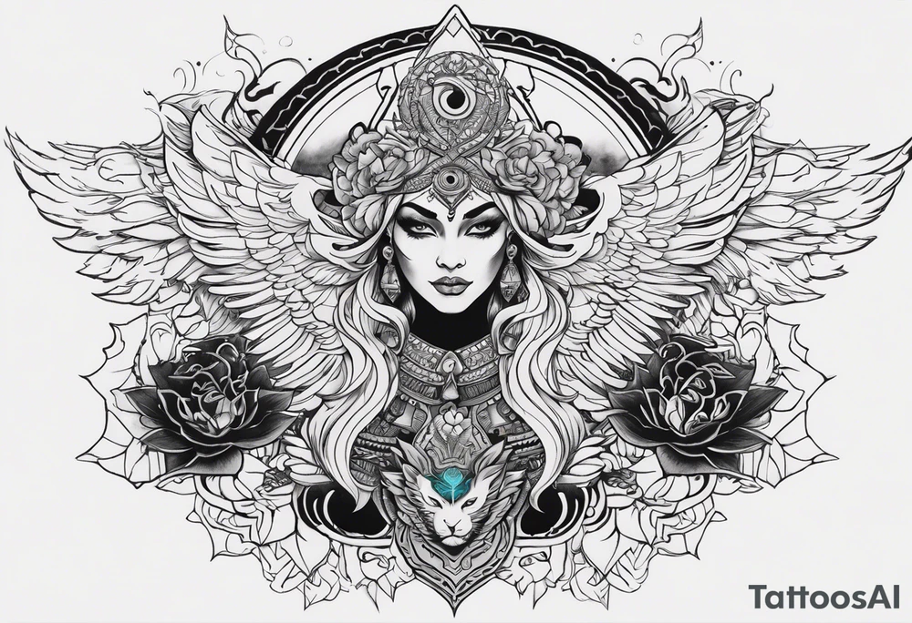 black kali, goddess pirate, alien, angel, pachamama, valkrye, warrior, flying, skull, lotus azul, wing, eagle, zenza resonance, stars, 5D, anahata chakra, death, durga, riding on a tiger, flying lady, chest tatoo tattoo idea