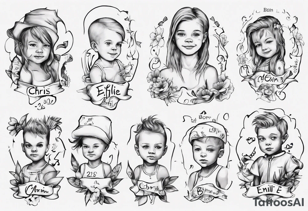 tattoo with names of kids, the names are Chris André, he is a boy and he is born 23. April 2016, and the other kid is named Emilie, she is a girl and is born 27. march 2021. tattoo idea