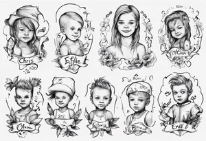 tattoo with names of kids, the names are Chris André, he is a boy and he is born 23. April 2016, and the other kid is named Emilie, she is a girl and is born 27. march 2021. tattoo idea