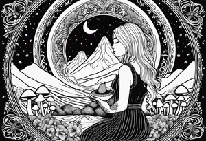 Straight blonde hair girl holding mushrooms in hand meditating facing away toward mountains surrounded by mushrooms crescent moon mandala circular design black and white striped dress tattoo idea