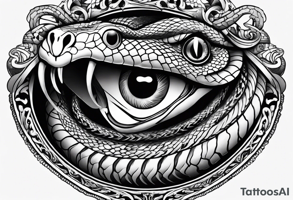 Snake with an evil eye in its mouth tattoo idea