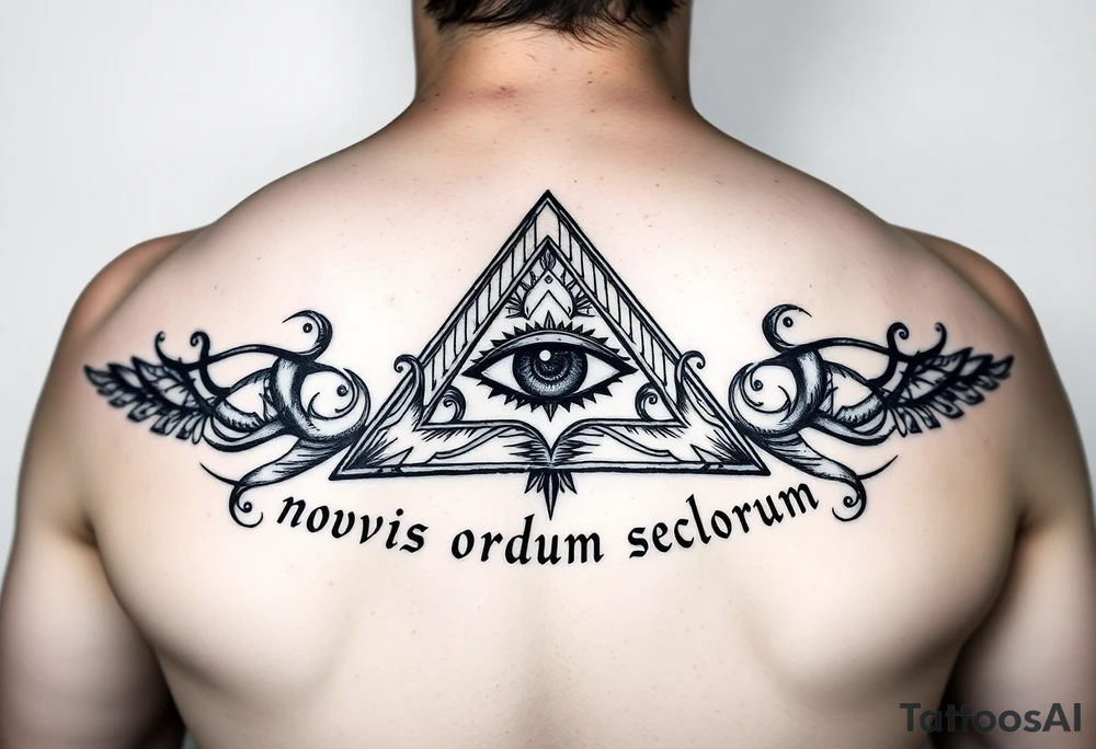 Pyramid with eye in the center, surrounded by words - novus ordum seclorum tattoo idea