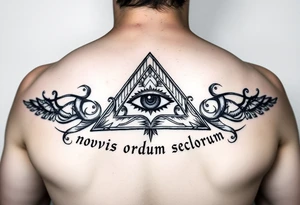 Pyramid with eye in the center, surrounded by words - novus ordum seclorum tattoo idea