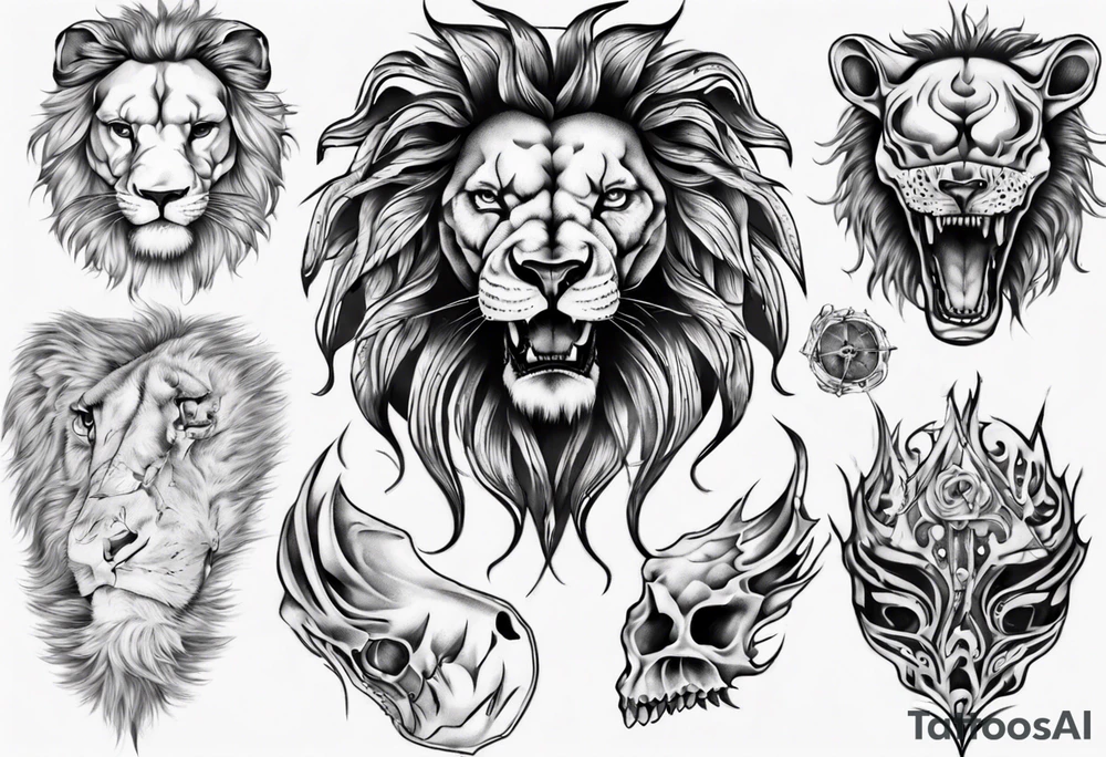 Lion skull tattoo and leqves tattoo idea