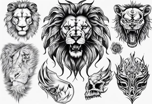 Lion skull tattoo and leqves tattoo idea