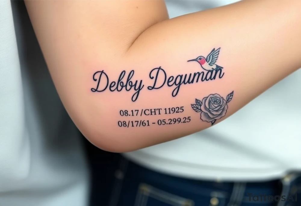 Tattoo of the exact name Debby Deguzman in chunky curly cursive with the exact dates of 08/17/61-05/29/25 surrounded by 1 hummingbird and 1 rose tattoo idea