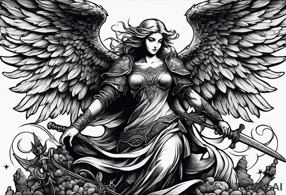 Angel with long sword on a pile of dead demons in etchwork style tattoo idea